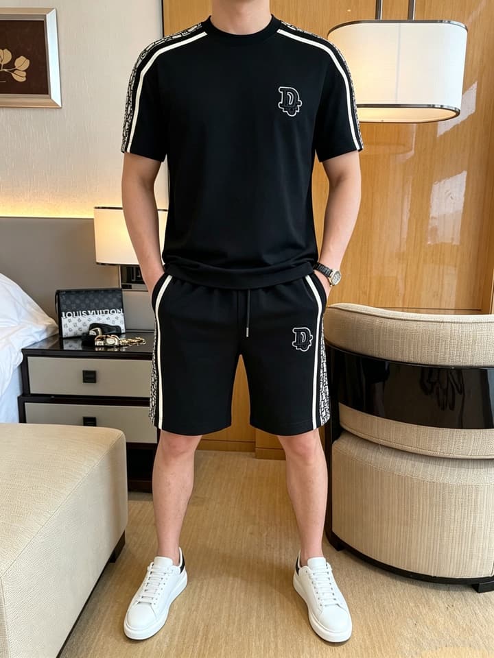 Dior Classic Air Layer T-Shirt and Shorts Set – 2026 Summer Collection in Black Crewneck Oblique Stripe