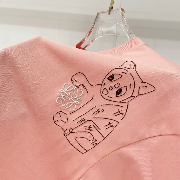Loewe Cat Embroidery Cotton T-Shirt in Apricot