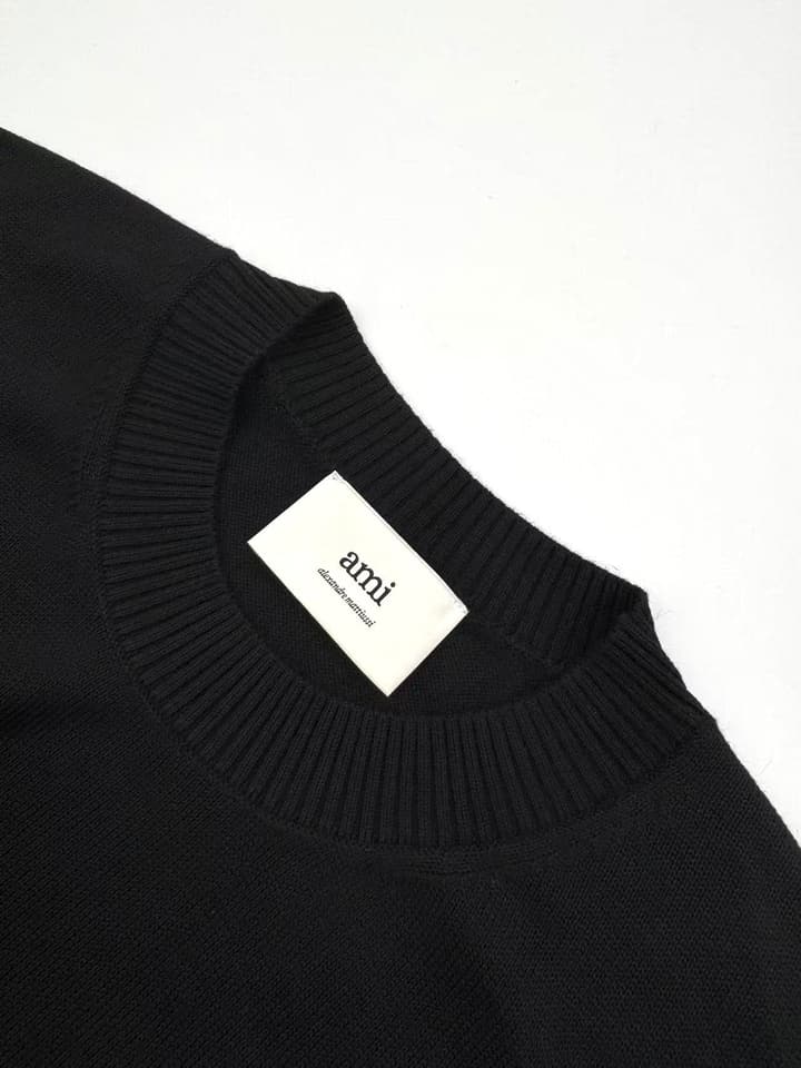Ami Paris Heart Embroidery Merino Wool Sweater in Black With Red Heart Logo