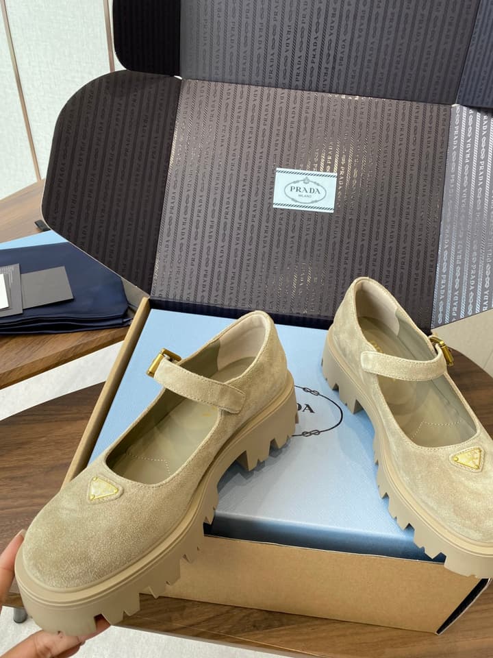 Prada Monolith Platform Mary Jane Shoes in Cream