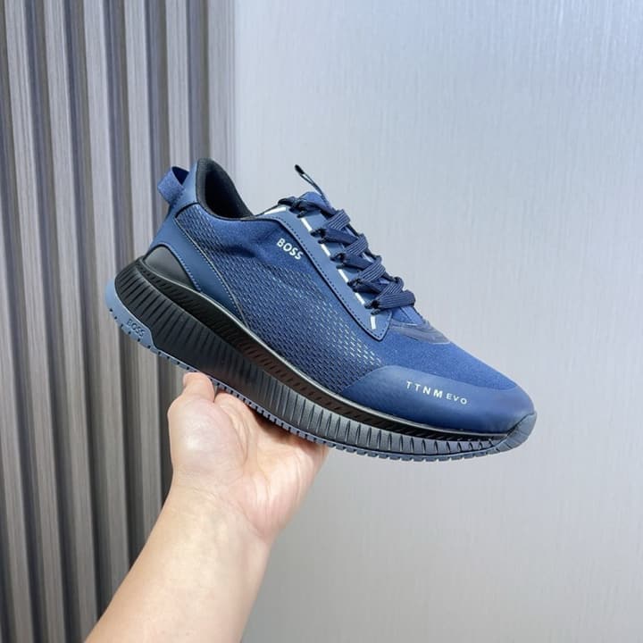 Boss Men's Layered Sport Sneakers in Black With White Sole