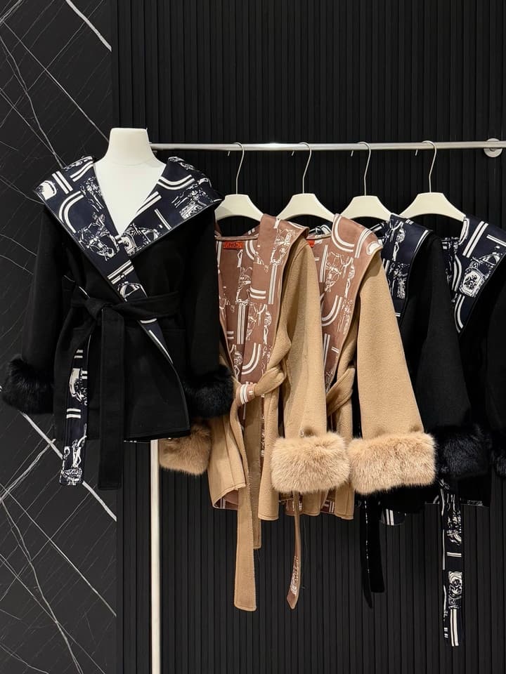 Hermès Old Money Detachable Faux Fur Sleeve Coat in Black With Patterned Reversible Side