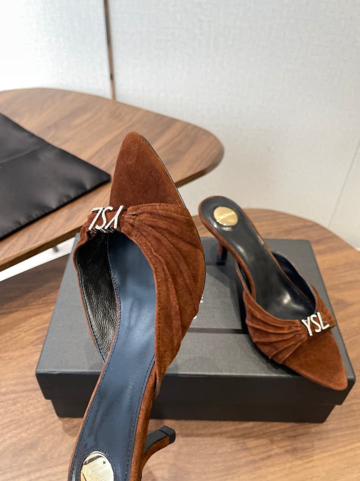 Saint Laurent Pointed Toe Stiletto Heeled Sandals – 26SS in Black - Gold Logo Plaque