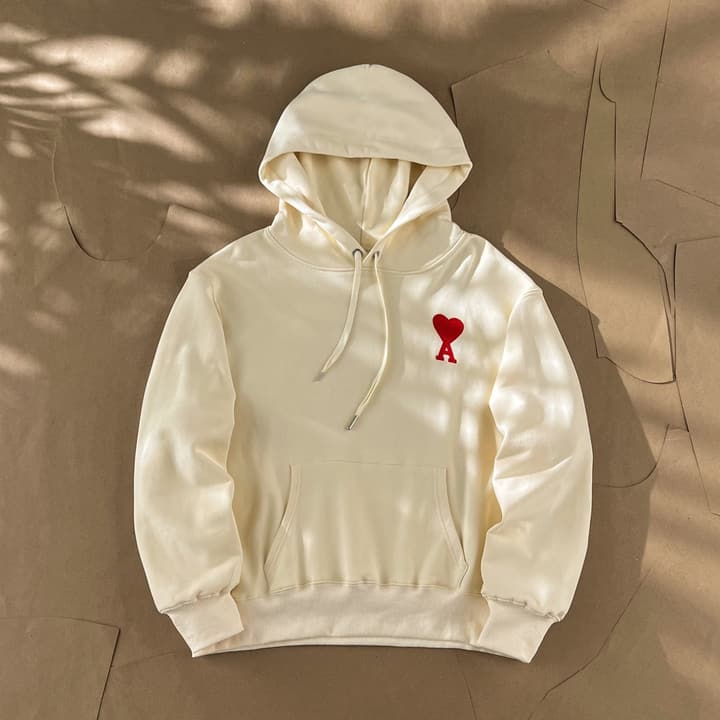 Ami Paris Ami De Coeur Heart Embroidery Hoodie in Beige