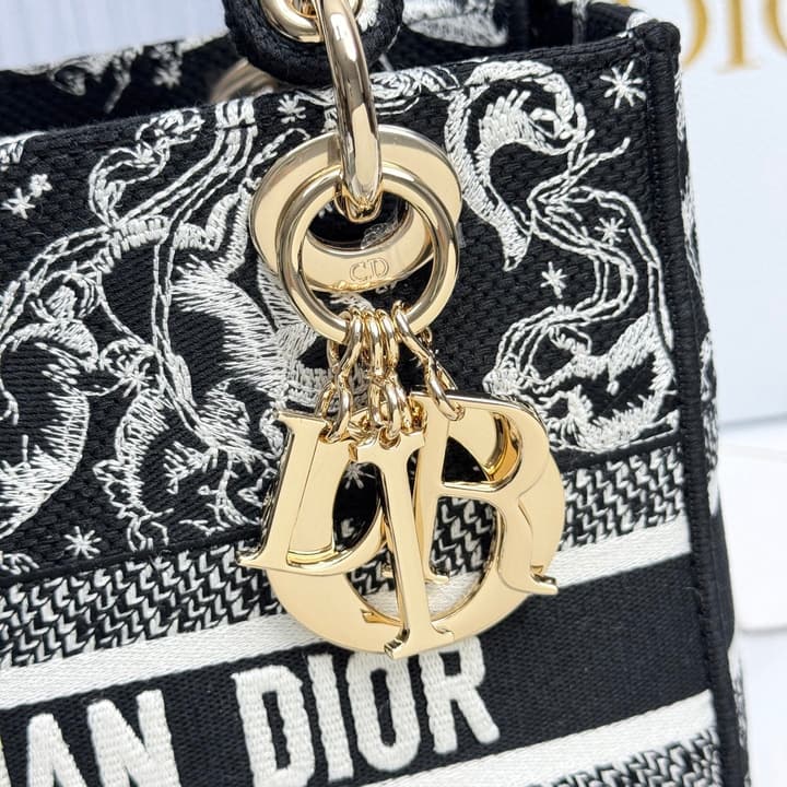 Dior Lady Dior 5-Grid Hand-Embroidered Handbag in Black Embroidered Toile