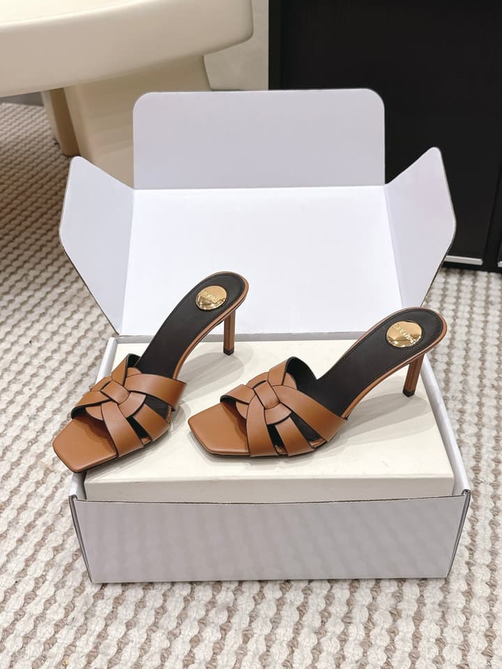 Saint Laurent Melody Square-Toe Heeled Sandals – 2026 Spring/Summer Collection in Beige Patent
