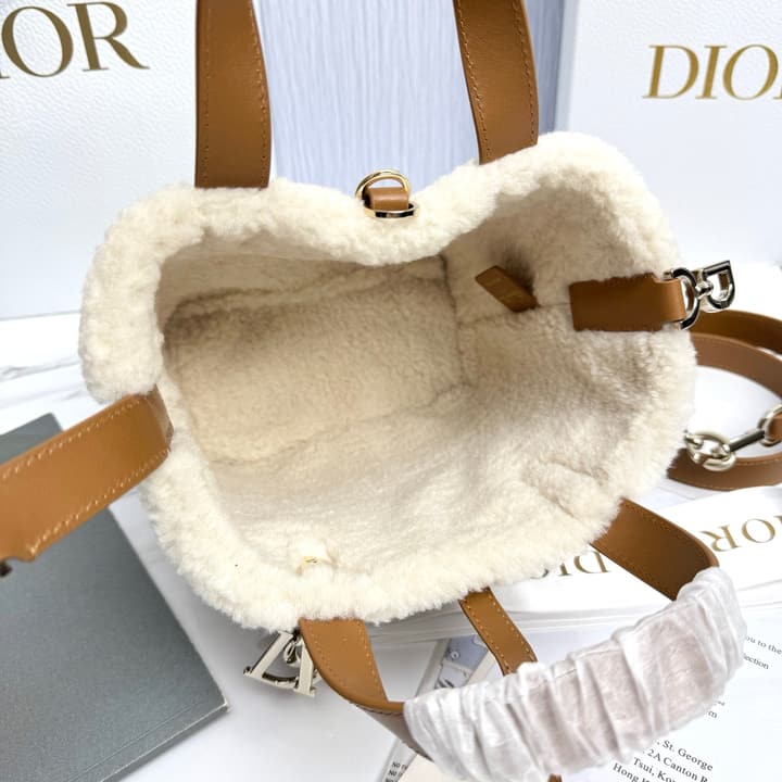 Dior Small Toujours Vertical Shearling Handbag in Tan Furry Tote