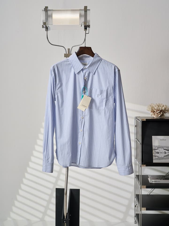 Saint Laurent Pocket Embroidered Striped Long-Sleeve Shirt in Light Blue