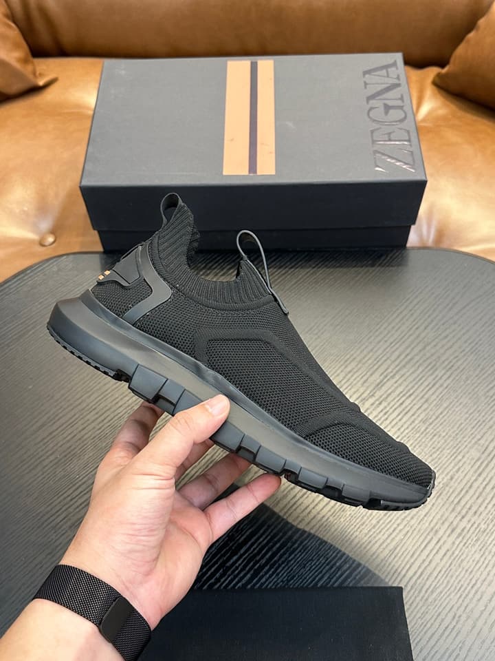 Zegna Techmerino Slip-On Sneakers in Dark Navy With Green Accent