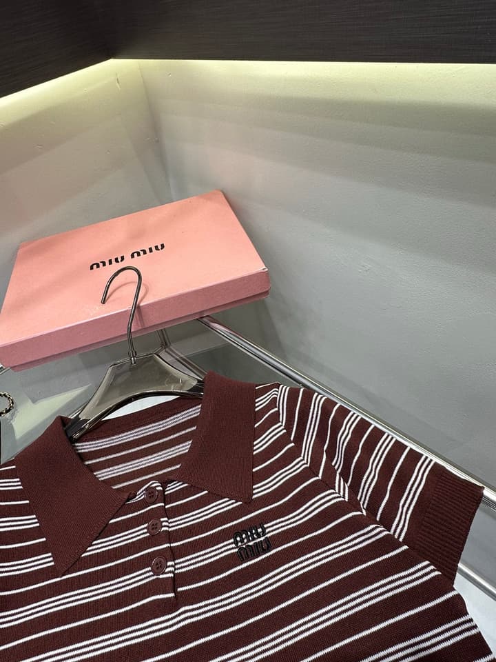 Miu Miu Embroidered Striped Knit Polo Shirt in Brown