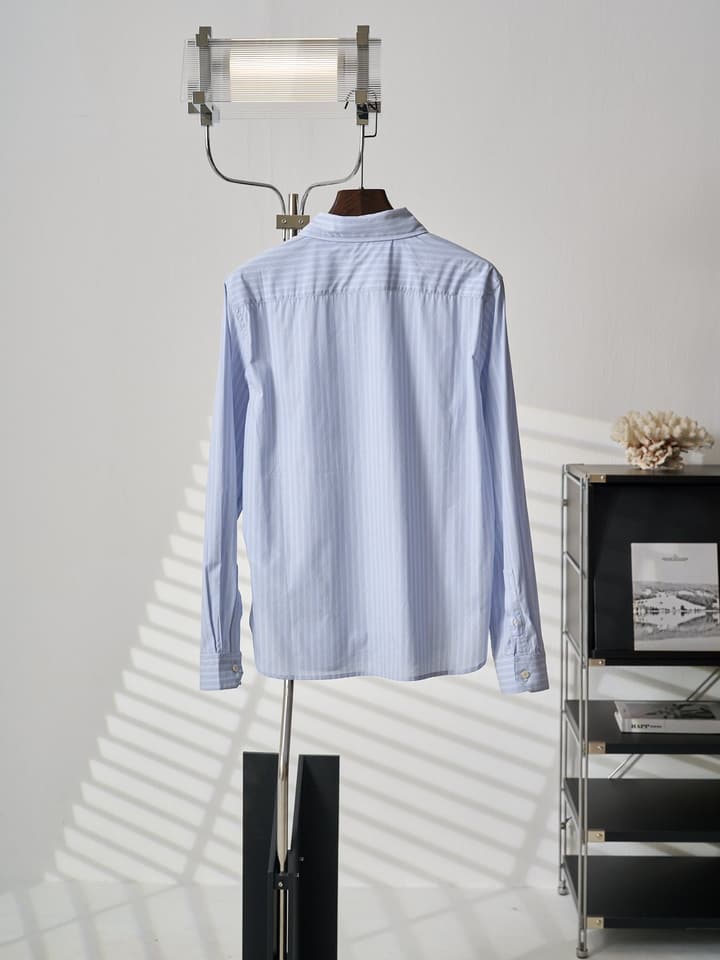 Saint Laurent Pocket Embroidered Striped Long-Sleeve Shirt in Light Blue