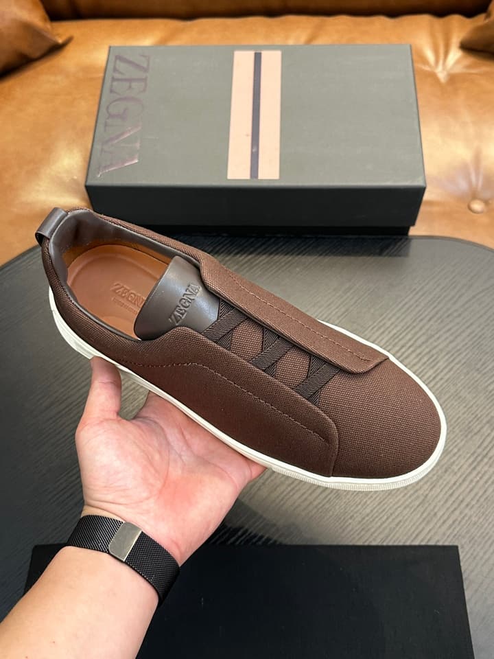 Zegna Triple Stitch Low-Top Sneakers in Dark Brown