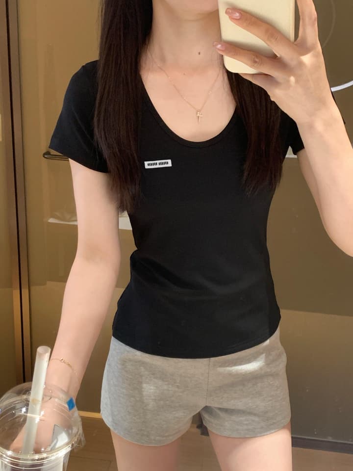 Miu Miu Ribbed U-Neck T-Shirt in Black