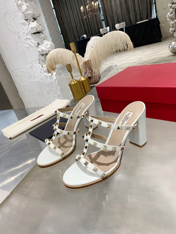Valentino Studded Classic Block Heel Sandals in Beige