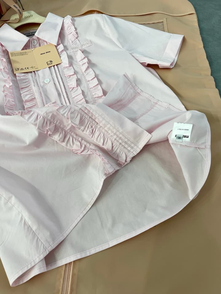 Miu Miu Embroidered Ruffle Shirt and Pleated Skort Set in Pink
