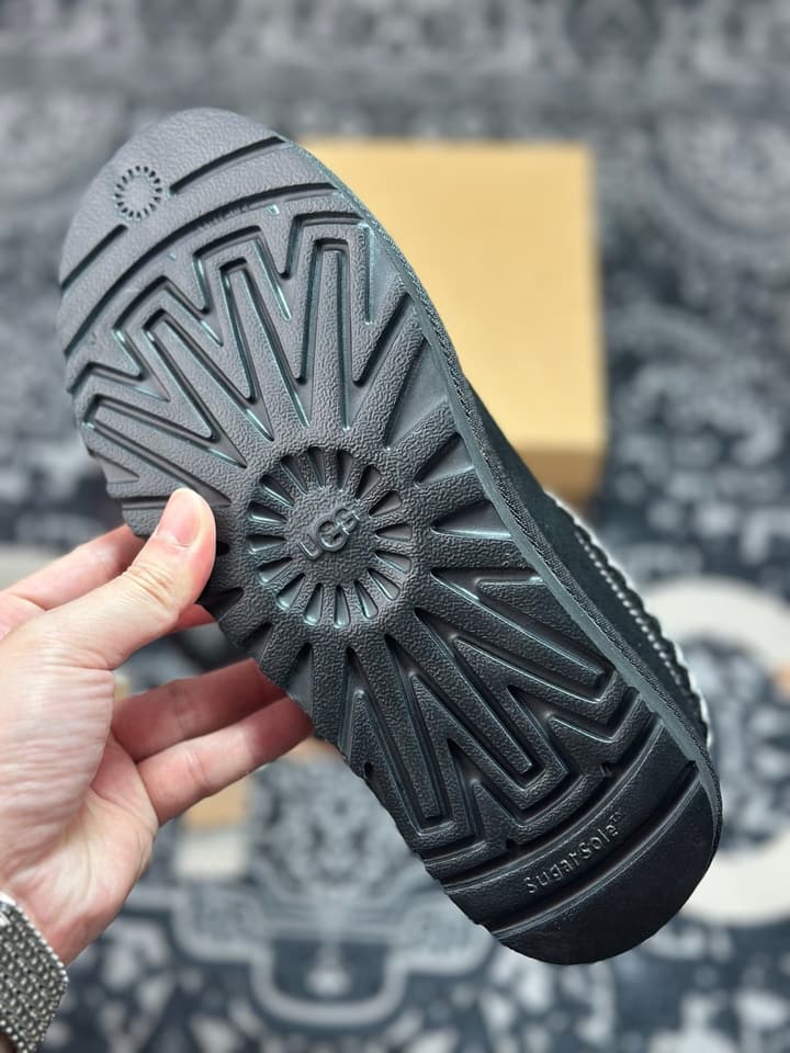 UGG Tazz Thin Sole Sheepskin Snow Boots in Black With White Patterned Trim