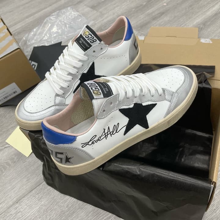 Golden Goose Ball Star Letter Graffiti Sneakers – 2023 Spring Collection in White Silver With Blue Heel And Black Star
