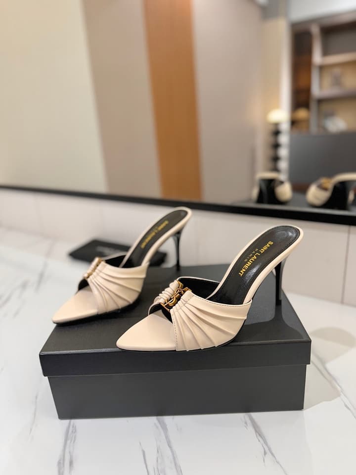 Saint Laurent Crystal Chain Heeled Sandals – 2025 Spring/Summer Collection in Beige
