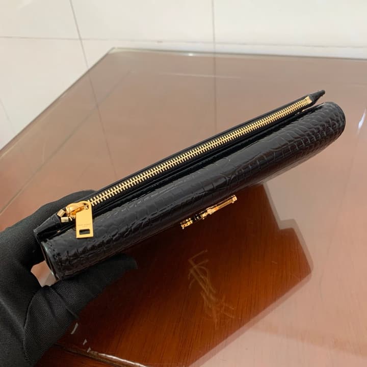 Saint Laurent Uptown Crocodile Embossed Long Wallet in Black Crocodile Embossed