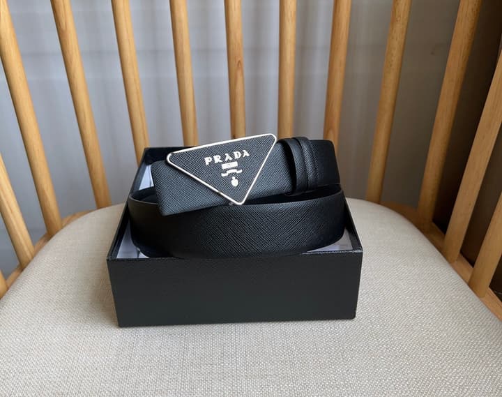 Prada Triangle Logo Buckle Belt in Black Textured Leather With Black Buckle