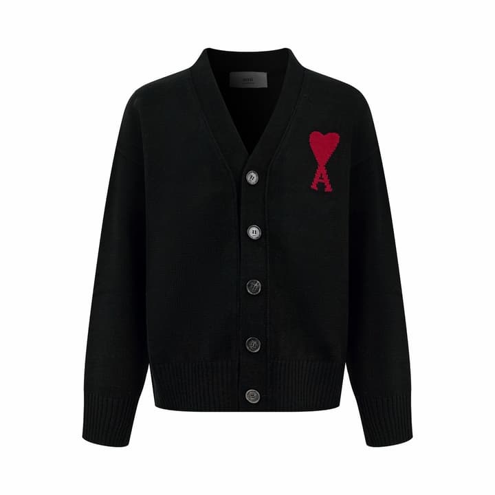 Ami Paris Heart Jacquard Merino Cardigan in Black With Red Heart Logo