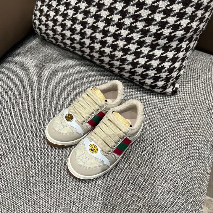Gucci Rhyton Distressed Kids' Sneakers – Kids Collection – 2023SS in Cream With Blue Flower Design