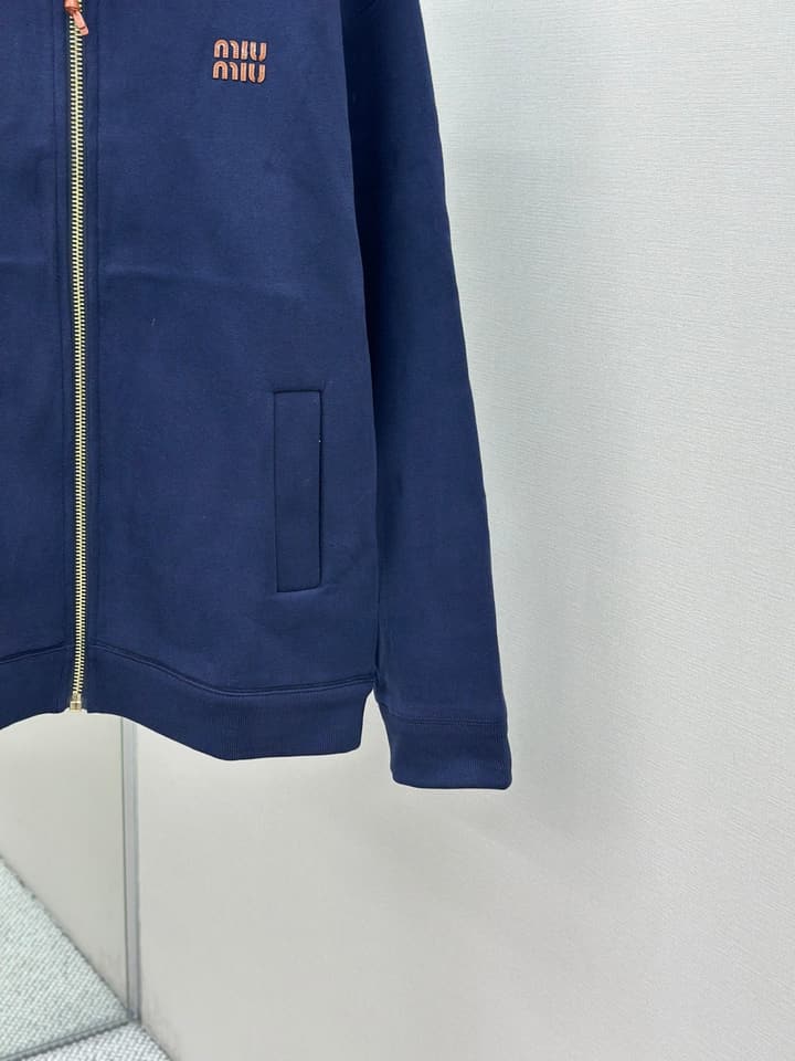 Miu Miu Embroidered Leather Patch Zipper Jacket in Dark Navy Blue