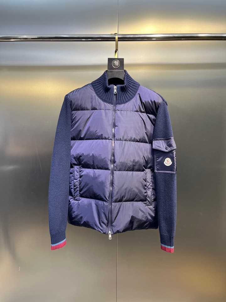 Moncler Knitted Patchwork Stand-Collar Jacket in Dark Brown