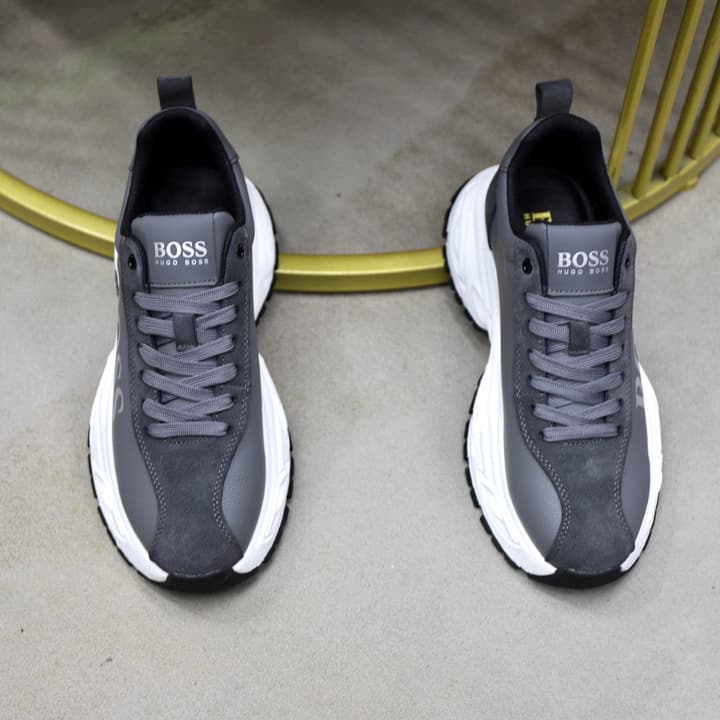 Boss Men's Luxury Running Sneakers in Black Mesh With White Sole