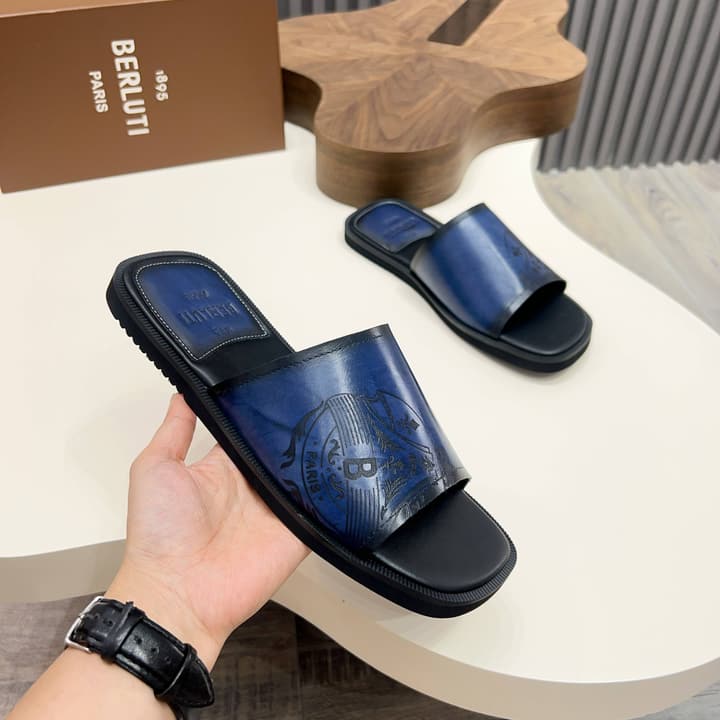 Berluti Hand-Painted Calfskin Slippers in Matte Black