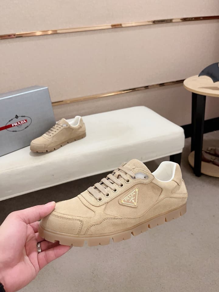 Prada Men's Air Cushion Sneakers in Beige Suede