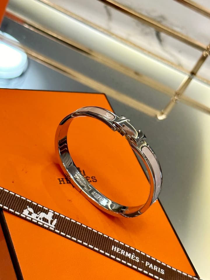 Hermès H-Letter Oval Series Bracelet in Light Blue Enamel