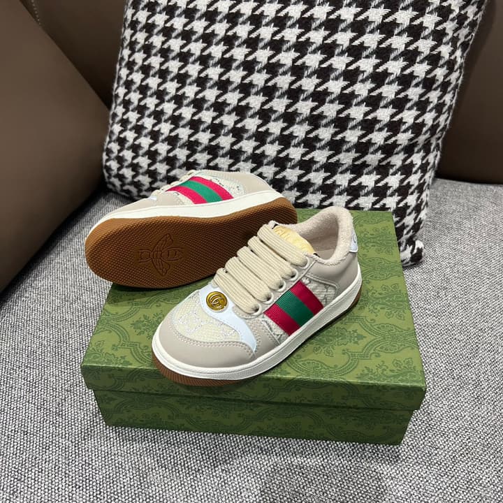 Gucci Rhyton Distressed Kids' Sneakers – Kids Collection – 2023SS in Cream With Blue Flower Design