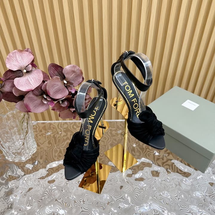 TOM FORD Padlock Knot-Back Heeled Sandals in Beige
