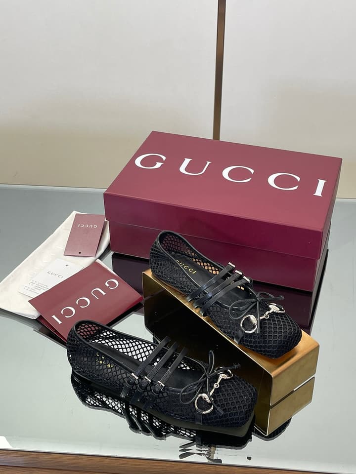 Gucci Horsebit Mesh Square-Toe Ballerina Flats – 25FW in Black Mesh