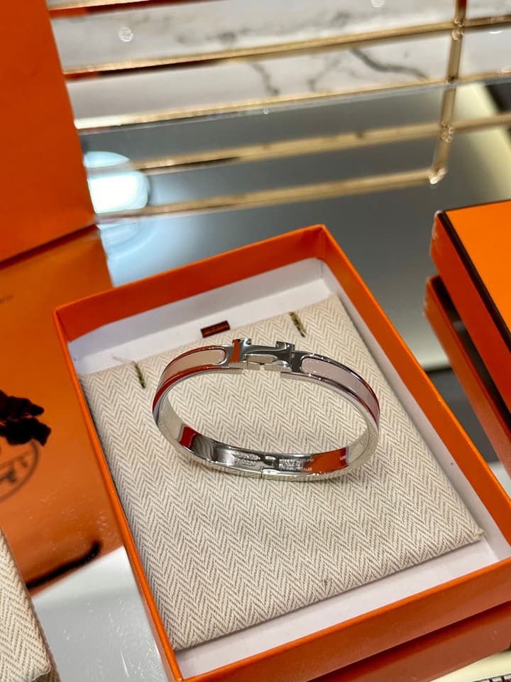Hermès H-Letter Oval Series Bracelet in Light Blue Enamel