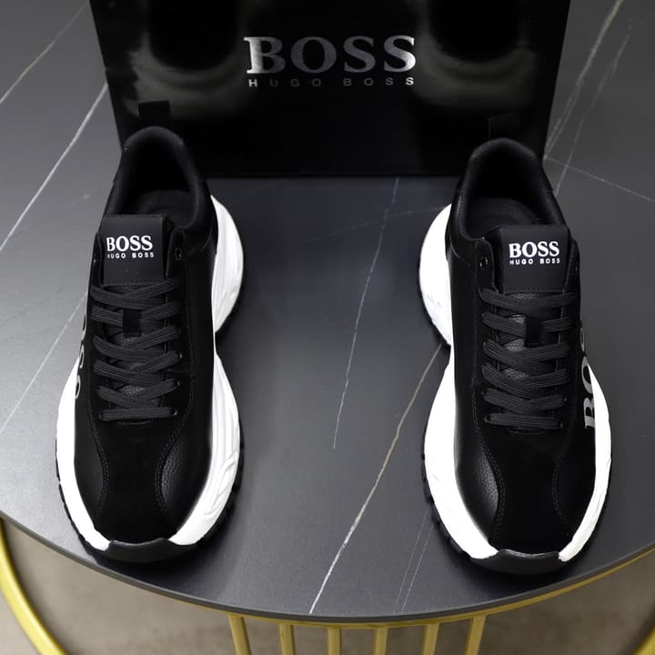 Boss Men's Luxury Running Sneakers in Black Mesh With White Sole