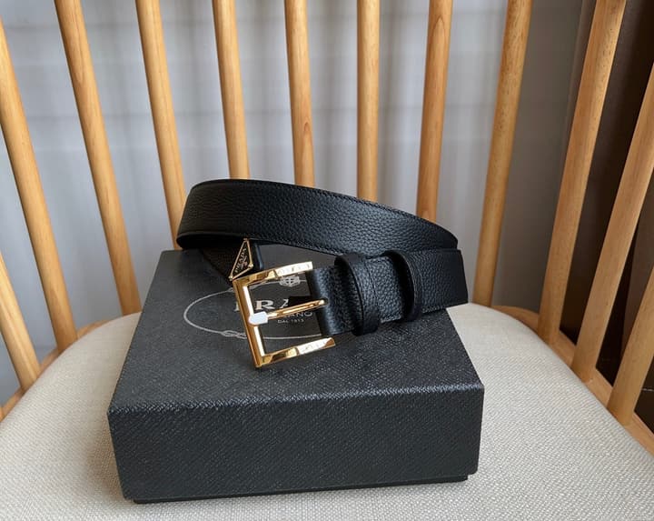 Prada Leather Belt with Triangle Logo in Black Leather Gold Buckle