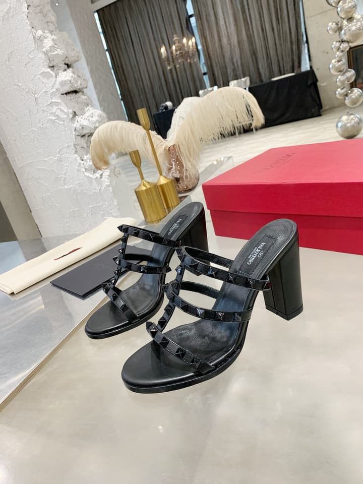 Valentino Studded Classic Block Heel Sandals in Beige