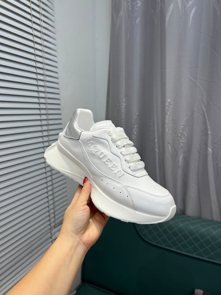 Alexander McQueen White Silk Leather Platform Sneakers in Black