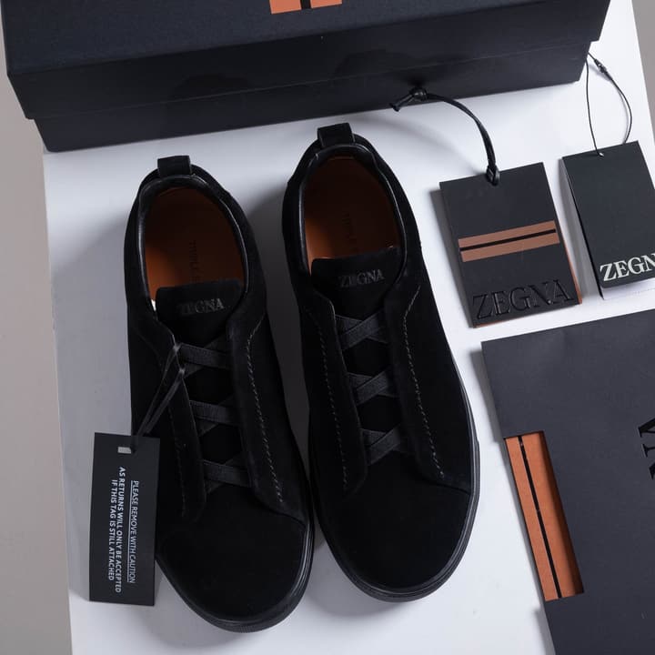 Zegna SECONDSKIN Triple Stitch Low-Top Sneakers in Navy Smooth Leather