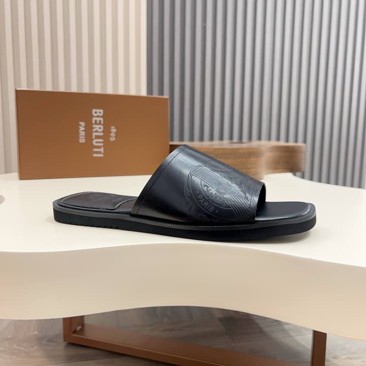 Berluti Hand-Painted Calfskin Slippers in Matte Black