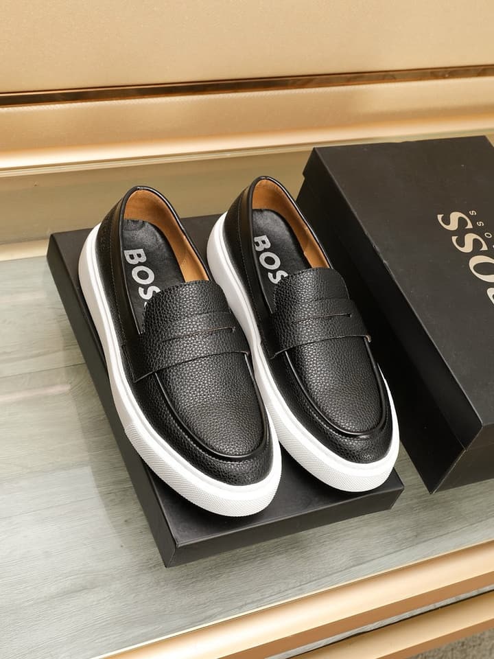 Boss Men's Luxury Leather Slip-On Loafers in Black Smooth Leather