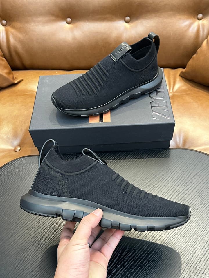 Zegna Techmerino Slip-On Sneakers in Dark Navy With Green Accent