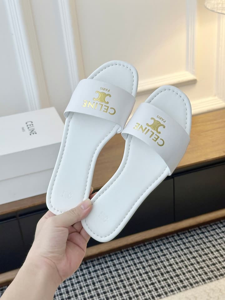 Celine Minimalist Triomphe Flat Sandals – Summer Collection in White