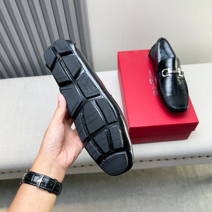 Ferragamo Imported Cowhide Fur-Lined Loafers in Black Patent Leather