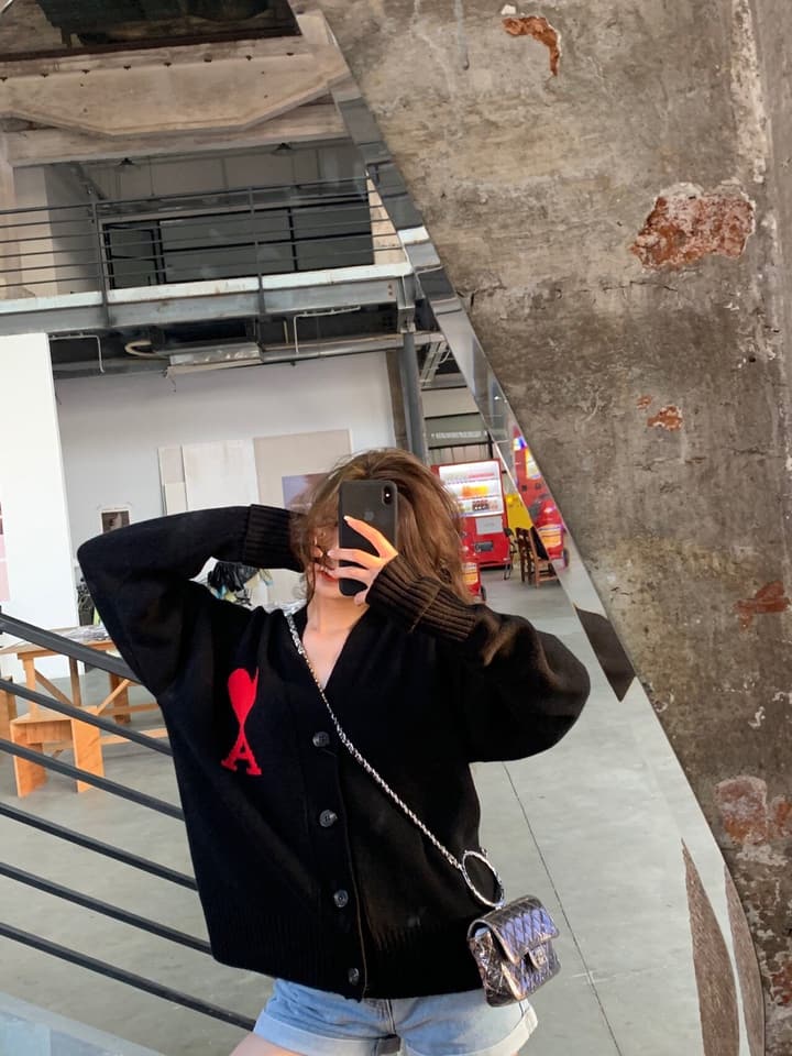AMI Paris Heart A Knit Cardigan in Black