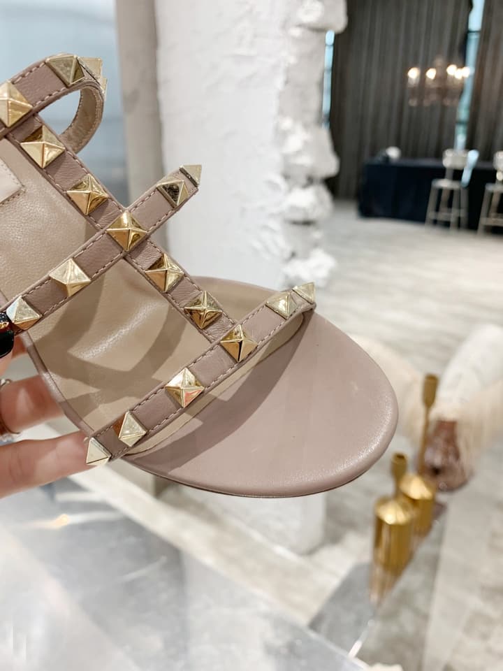 Valentino Rockstud Classic Block Heel Sandals in Nude With Gold Studs