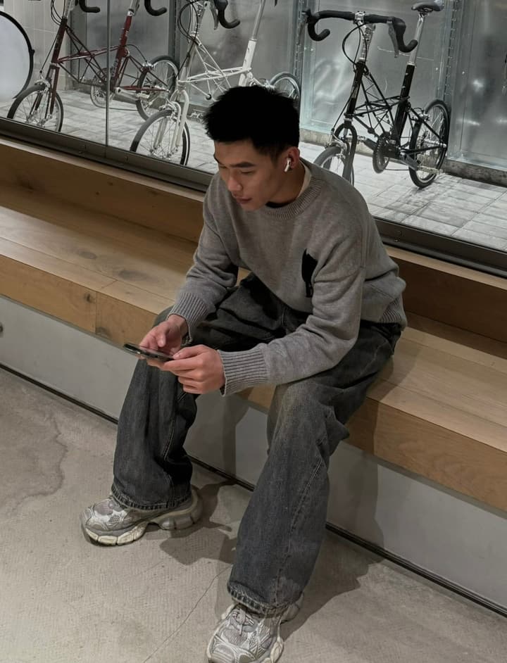 AMI Paris Heart Logo Knit Sweater in Light Gray With Black Heart