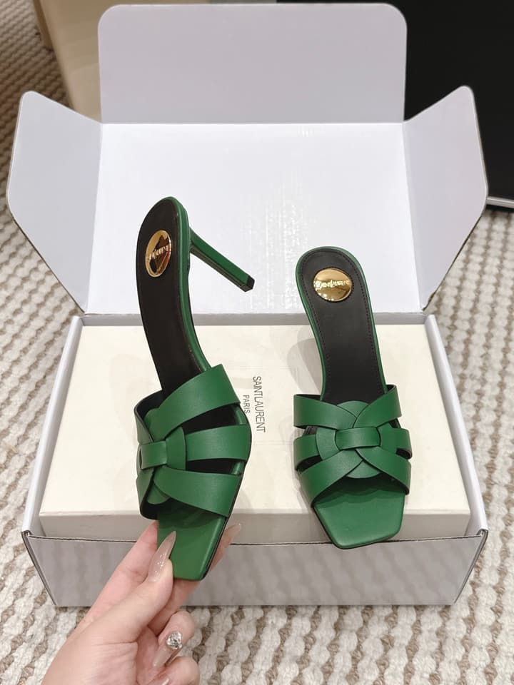 Saint Laurent Melody Square-Toe Heeled Sandals – 2026 Spring/Summer Collection in Beige Patent